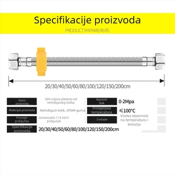 Nehrđajući čelični opleteni dovod vode za toplu i hladnu vodu, s kutnim ventilom, za WC i umivaonik, visok tlak