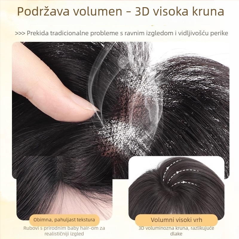 Perika za žene s šiškama, topper za volumen kose, od pravih dlaka, pokriva sive vlasi, pahuljasti visoki vrh, bez šavova i lagana