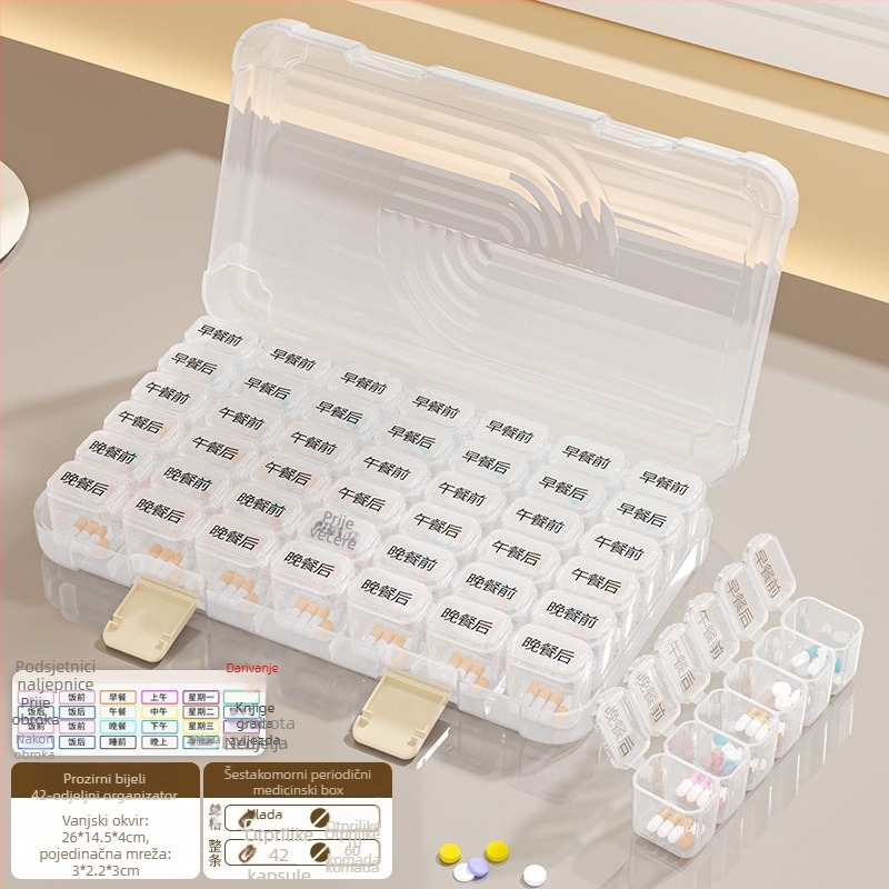 Kutija za tablete s 35/42/49 pretinaca, zatvorena, kapacitet 1 L, materijal PP/ABS/silikon.
