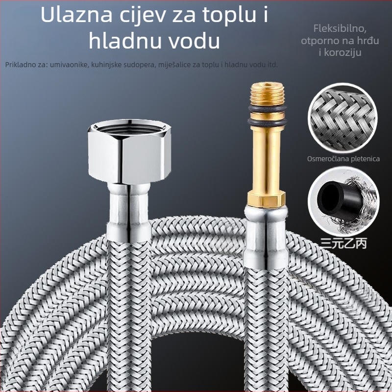 Kuhinjski slavina za drez, ulaz topla/hladna voda, 1/2 in, opleteni metalni fleksibilni crijevo od 304 nehrđajućeg čelika, model Hx-6182 (Materijal: nehrđajući čelik; Nazivni tlak: 1,6 MPa; Radna temperatura: 0–99°C; Ugradnja: ručna)