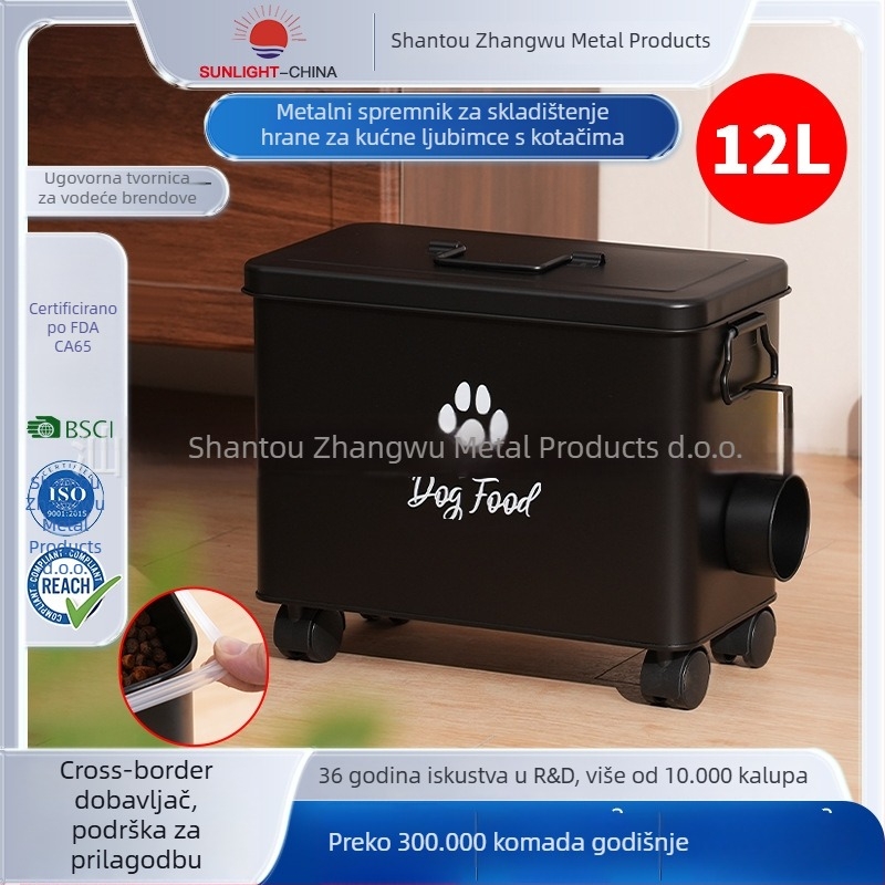 Lonac za čuvanje hrane za pse s poklopcem i kotačićima, galvanizirano željezo, kapacitet 12 L, model T164K
