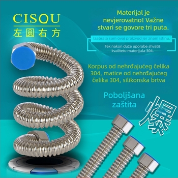 4-točna fleksibilna cijev od 304 nehrđajućeg čelika za dovod/odvod vode na bojleru, navojni spoj; materijal 304; nazivni tlak 1,2 MPa; radna temperatura 0–80°C