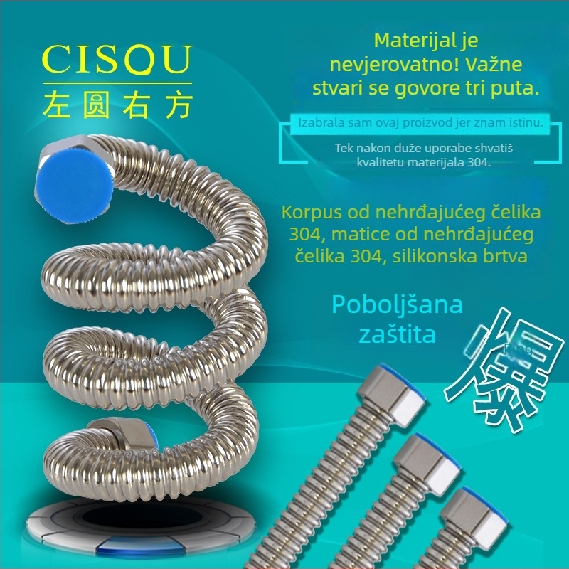 4-točna fleksibilna cijev od 304 nehrđajućeg čelika za dovod/odvod vode na bojleru, navojni spoj; materijal 304; nazivni tlak 1,2 MPa; radna temperatura 0–80°C
