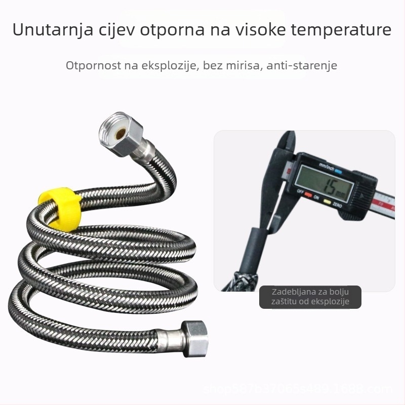 Nehrđajući čelični opleteni crijev, model 1225, nominalni tlak 0,6 MPa, radna temperatura 0–100°C, navojno priključak, za kupaonicu i bojler