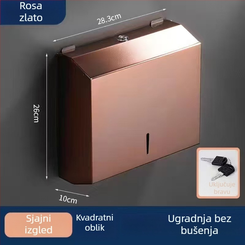 Zidni spremnik za papir od nehrđajućeg čelika; vodootporan i višenamjenski; pogodan za kupaonice i javne toalete; kompatibilan s odvojivim papirnim ručnicima.