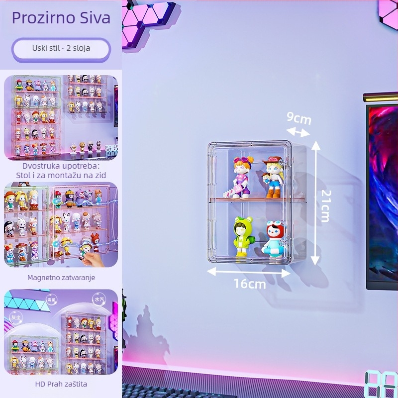 Zidna vitrina za figure – prozirna, otporna na prašinu i vlagu, PET plast, kapacitet 18 L, model 9625