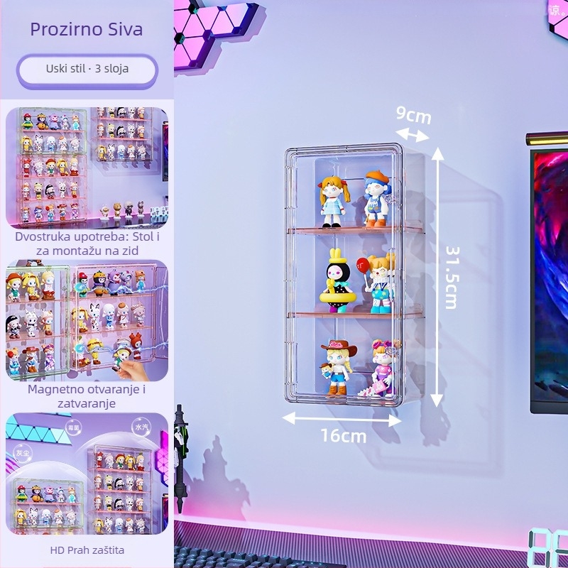 Zidna vitrina za figure – prozirna, otporna na prašinu i vlagu, PET plast, kapacitet 18 L, model 9625