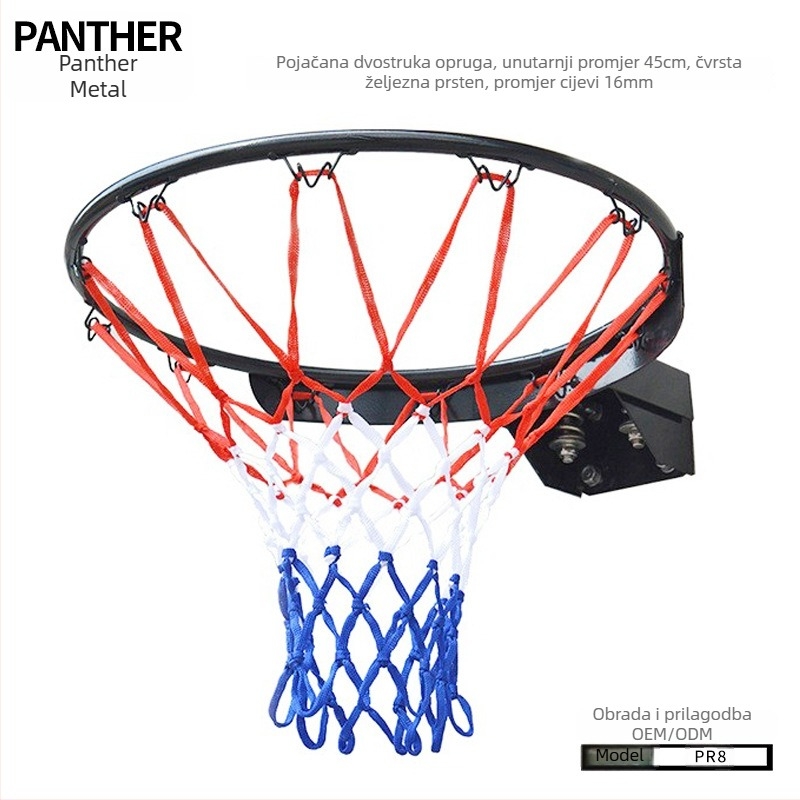 Ojačani vanjski koš za košarku s metalnom konstrukcijom, materijali: najlon, PVC, čelik i lijevano željezo, unutarnji promjer 45 cm