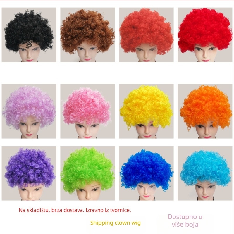 Karcin stil kratka kovrčava perika klauna s ravnim ili kosim frizom, vlakna K Silk/P Silk, za navijače nogometa i svečane zabave