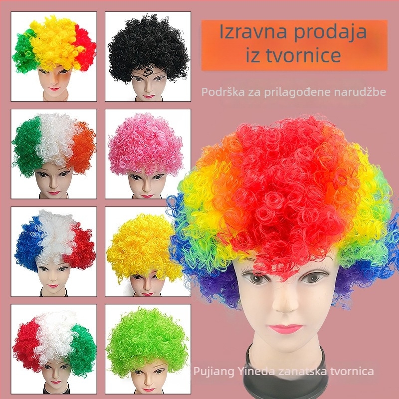 Karcin stil kratka kovrčava perika klauna s ravnim ili kosim frizom, vlakna K Silk/P Silk, za navijače nogometa i svečane zabave