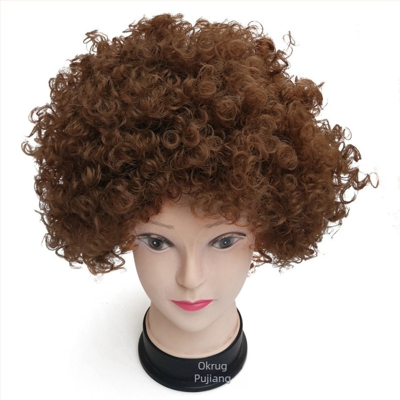 Karcin stil kratka kovrčava perika klauna s ravnim ili kosim frizom, vlakna K Silk/P Silk, za navijače nogometa i svečane zabave