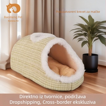 Debelo 3D mačje gnijezdo Macaron, dvobojno, toplo za jesen-zimu, s otvorima za ventilaciju, prijenosno s ručkom, mekani pjenasti ležaj, prugasti uzorak