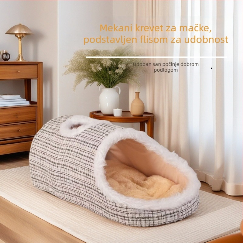 Debelo 3D mačje gnijezdo Macaron, dvobojno, toplo za jesen-zimu, s otvorima za ventilaciju, prijenosno s ručkom, mekani pjenasti ležaj, prugasti uzorak