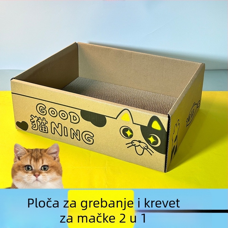 Integrirano mačje gnijezdo od valovitog kartona s ugrađenom površinom za grebanje, pogodno za sve sezone.
