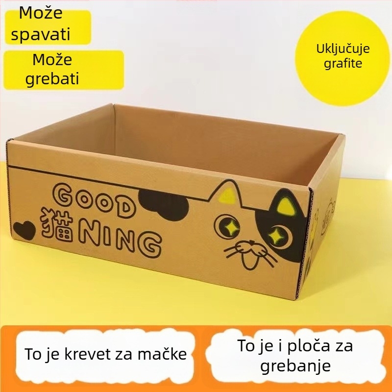 Integrirano mačje gnijezdo od valovitog kartona s ugrađenom površinom za grebanje, pogodno za sve sezone.