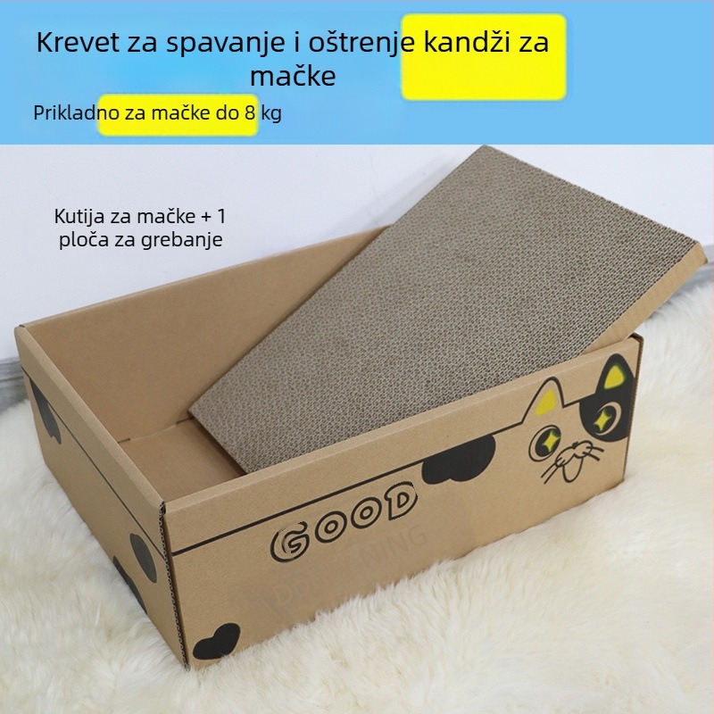 Integrirano mačje gnijezdo od valovitog kartona s ugrađenom površinom za grebanje, pogodno za sve sezone.