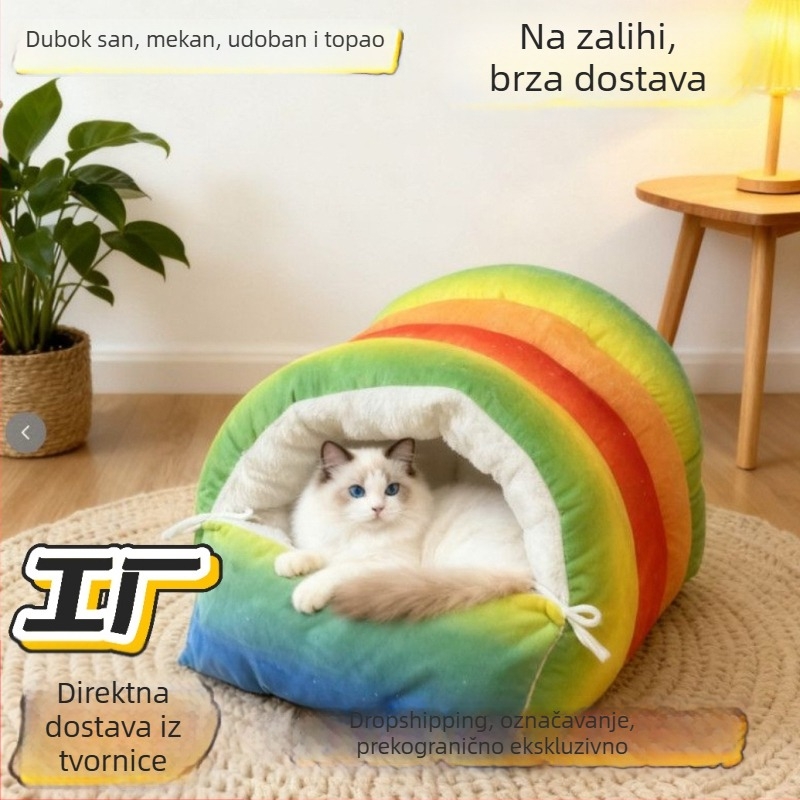 Mačje gnijezdo s poluzatvorenim dizajnom, toplo i prozračno, za mačke i pse, za unutarnju upotrebu ili u vozilu, materijal: tkanina od kemijskih vlakana + letve od borovine, sezona: zima i jesen