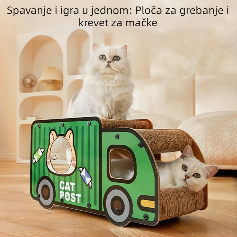 Mačja ogrebotina ploča s mačjim gnijezdom – otporna na ogrebotine i habanje, valoviti karton, tema crtani kamion, staza za mačke
