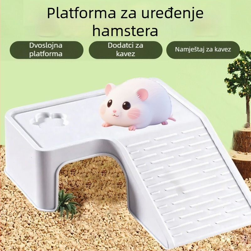 Životni prostor za hrčka s dvokatnom platformom, terasom i skloništem, stubama, za unutarnju upotrebu, jednostavno održavanje