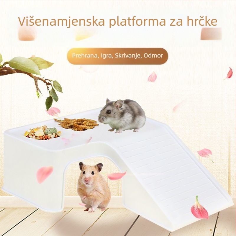 Životni prostor za hrčka s dvokatnom platformom, terasom i skloništem, stubama, za unutarnju upotrebu, jednostavno održavanje