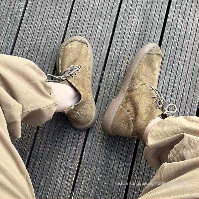 Muške Chelsea čizme od kože, s vezivanjem, gornji dio od teleće kože, gumena potplat, protuklizne, britski stil s debelom potplatom.