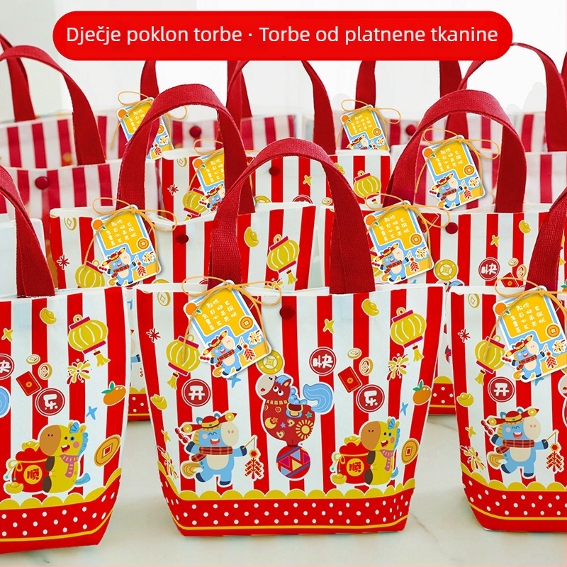 Dječja platnena torbica za darove s cartoon dizajnom, Materijal: platno; Logo tiskanje: Da; Dostupno na skladištu + prilagodljivo