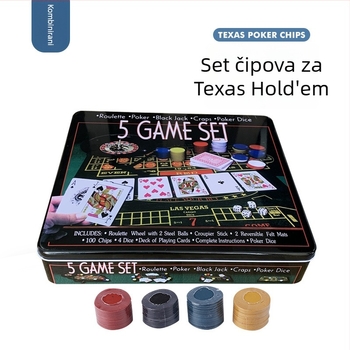Pet u jednom setu poker žetona s metalnom kutijom, 4 g žetoni i poker stolnjak