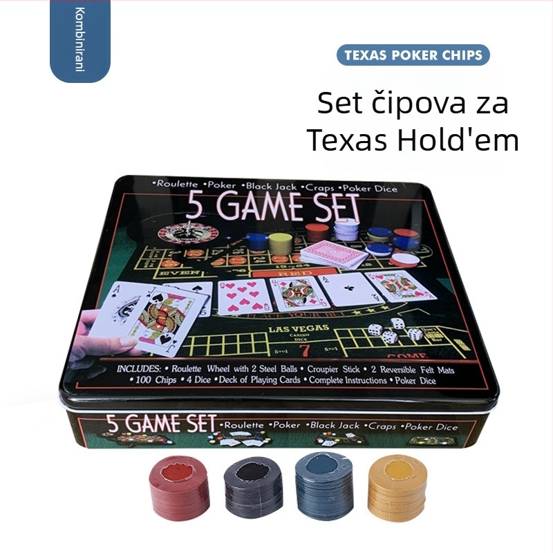 Pet u jednom setu poker žetona s metalnom kutijom, 4 g žetoni i poker stolnjak