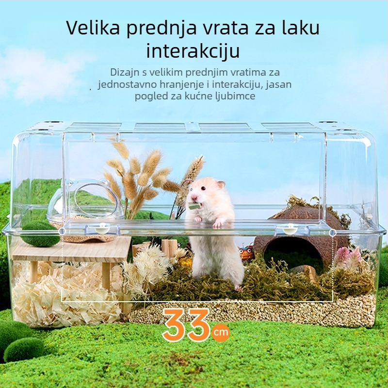 Kavez za hamstere s akril panoramskim pogledom, od plastike, pravokutnog oblika, ventiliran i prozračan, dekorativni krajolik