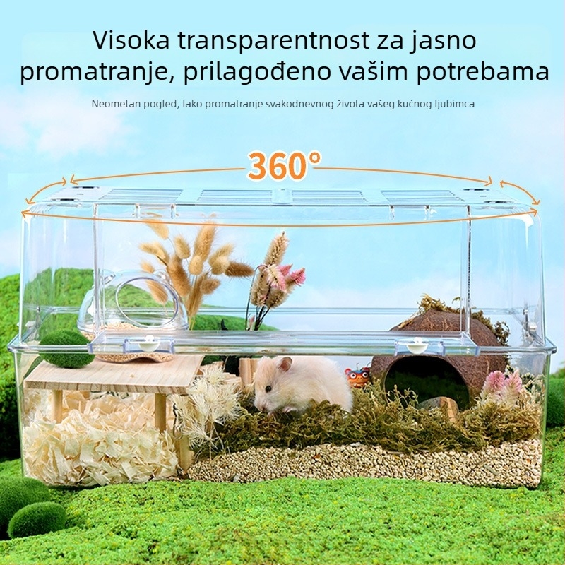 Kavez za hamstere s akril panoramskim pogledom, od plastike, pravokutnog oblika, ventiliran i prozračan, dekorativni krajolik