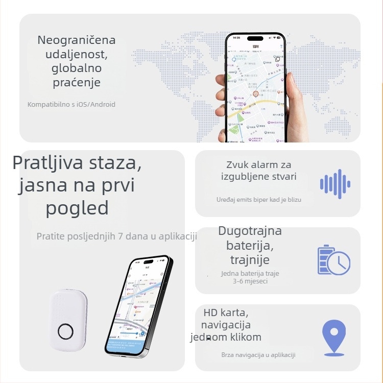 Dvosustavni locator za kućne ljubimce (Android i iOS) — Bluetooth 5.0, domet ~20 m, ABS materijal, lanac za ključeve, model T1