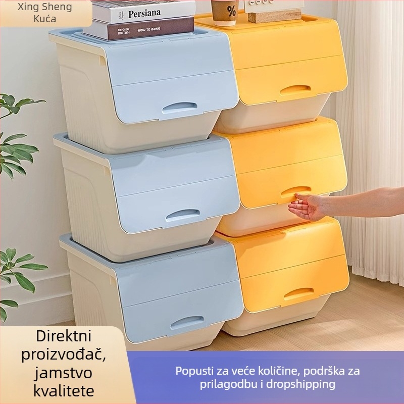 Kutija za pohranu s prednjim otvaranjem za kućnu upotrebu — velika zapremina, PP plast, 100% novi materijal, višenamjenska za igračke, knjige i odjeću, otporna na prašinu i vlagu