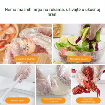 Jednokratne rukavice, tip izvlačenja, prehrambeni PE, prozirne, otporne na habanje, debljine 0,2–0,3 mm, za kuhinju, ugostiteljstvo i frizerske usluge