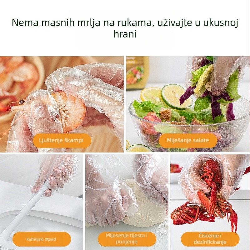 Jednokratne rukavice, tip izvlačenja, prehrambeni PE, prozirne, otporne na habanje, debljine 0,2–0,3 mm, za kuhinju, ugostiteljstvo i frizerske usluge