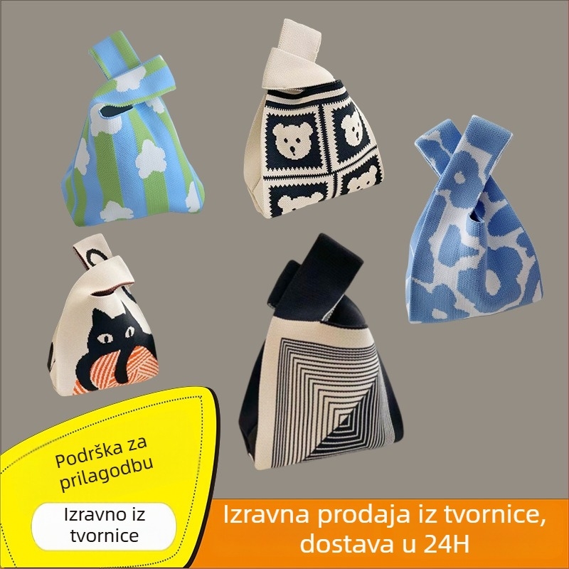 Pletena torbica u korejskom stilu, bucket tote s vertikalnim kvadratnim oblikom (poliesterski materijal; unutarnji džepovi za telefon i ID; otvoreni džep; dvostruki naramenice)