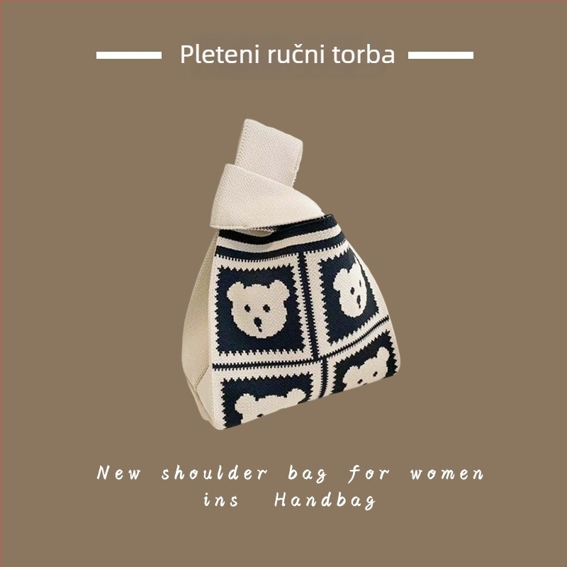 Pletena torbica u korejskom stilu, bucket tote s vertikalnim kvadratnim oblikom (poliesterski materijal; unutarnji džepovi za telefon i ID; otvoreni džep; dvostruki naramenice)