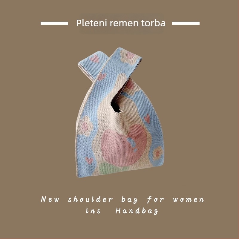 Pletena torbica u korejskom stilu, bucket tote s vertikalnim kvadratnim oblikom (poliesterski materijal; unutarnji džepovi za telefon i ID; otvoreni džep; dvostruki naramenice)