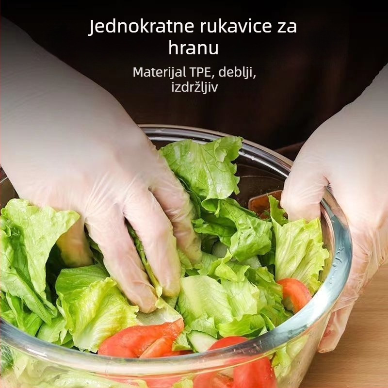 Rukavice za jednokratnu upotrebu od TPE, prehrambene kvalitete, protivklizne, prozirne, debljina 0,2–0,3 mm, pakirane u kutiji, 150 komada, rok trajanja 24 mjeseci
