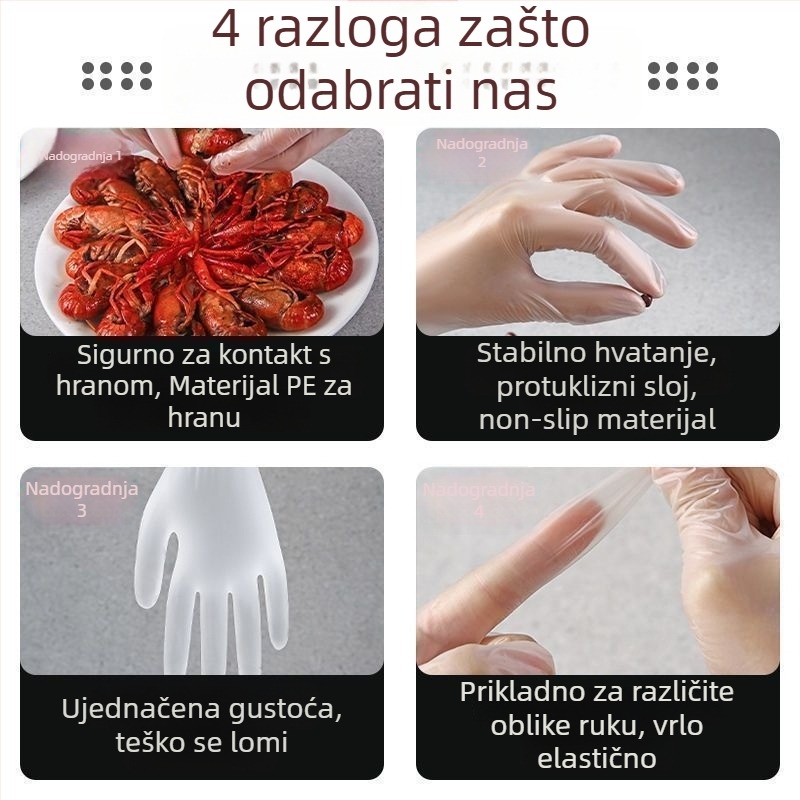 Rukavice za jednokratnu upotrebu od TPE, prehrambene kvalitete, protivklizne, prozirne, debljina 0,2–0,3 mm, pakirane u kutiji, 150 komada, rok trajanja 24 mjeseci