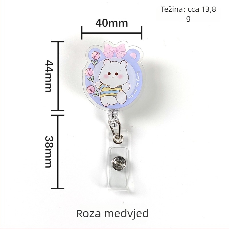 Akrilni klip za ID karticu s automatskim povlačenjem i gumbom za povlačenje; pogodan za liječnike i medicinske sestre; moguć ispis logotipa; nosivost 0,1 kg