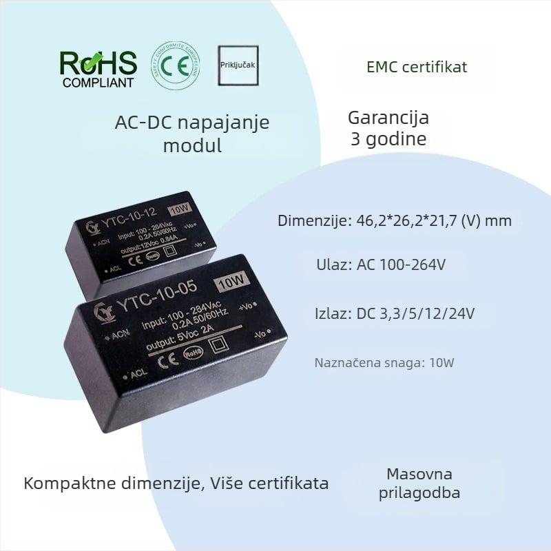 YTC-10-12 Izolirano regulirano AC-DC napajanje, mini step-down modul, 10W, izlaz 12V/24V