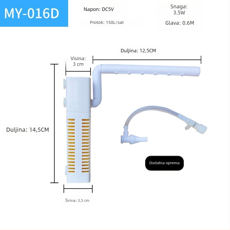 USB filter za akvarij, 3-u-1 cirkulacijski sustav za filtriranje i oksigenaciju, ugrađeni, ABS, težina 80 g