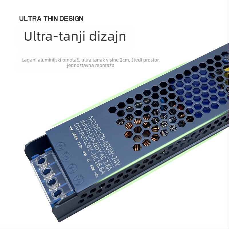 LED linearna svjetiljka, ultra-tanka 220V prekidačko napajanje, izlaz 12V/24V, unutarnja fiksna ugradnja, učinkovitost 90%, snaga 45–400W