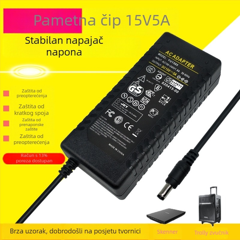 Napajanje s prekidačem 15V 5A za LCD monitor, 75W, ulaz 100-240V, 50/60 Hz, učinkovitost 85%