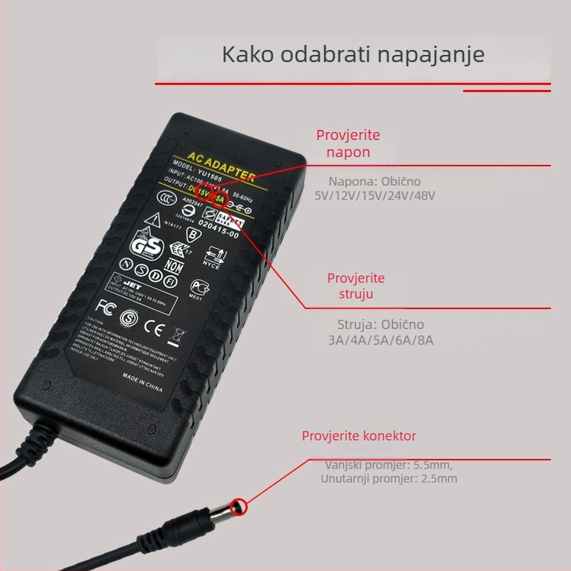 Napajanje s prekidačem 15V 5A za LCD monitor, 75W, ulaz 100-240V, 50/60 Hz, učinkovitost 85%