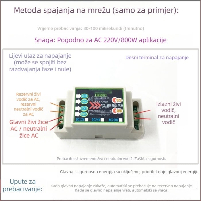 Automatski prekidač dvostrukog napajanja, 12/24V DC i 220V AC, 10A, izlaz 2-u-1
