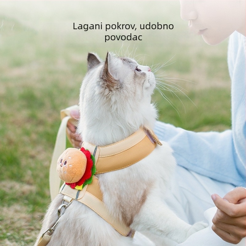 Pluširana igračka hamburger i pomfrit za mačke, pojas za mačke s vodilicom, Velcro zatvarač, prozračan i otporan na habanje