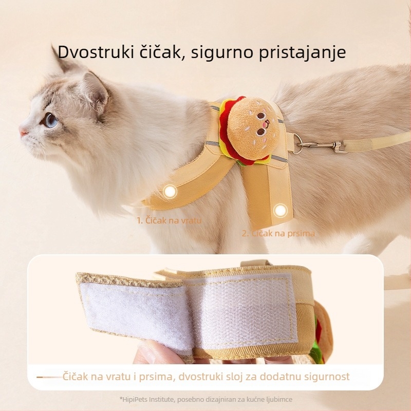 Pluširana igračka hamburger i pomfrit za mačke, pojas za mačke s vodilicom, Velcro zatvarač, prozračan i otporan na habanje