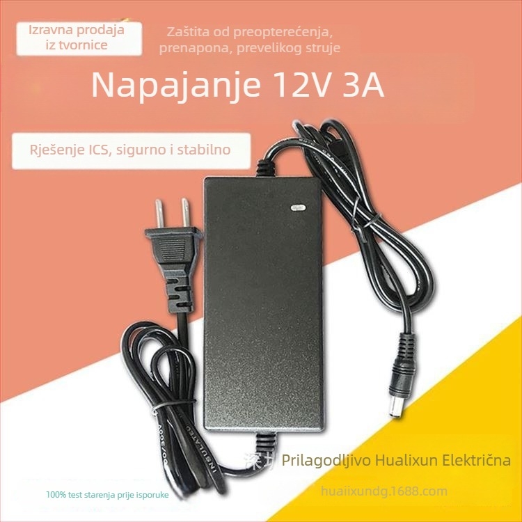AC-DC pretvarač napajanja, ulaz 100-240V, izlaz 12V 3A (36W), učinkovitost 82-92%.