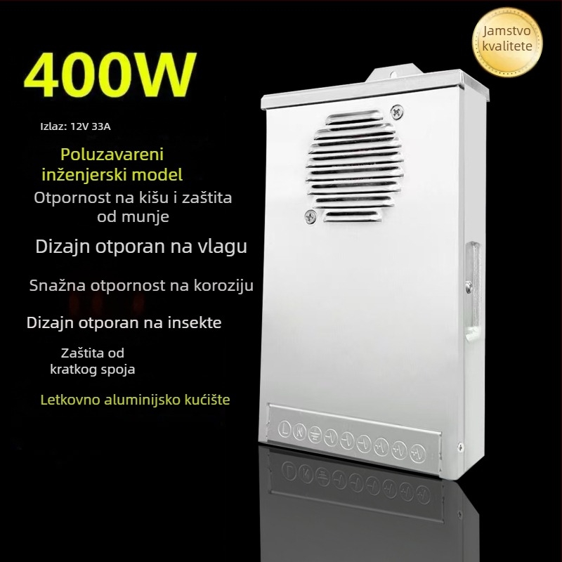 LED kišni otporan napajanje s prekidačem za vanjske reklame – 12V 400W, IP53, 0.8kg